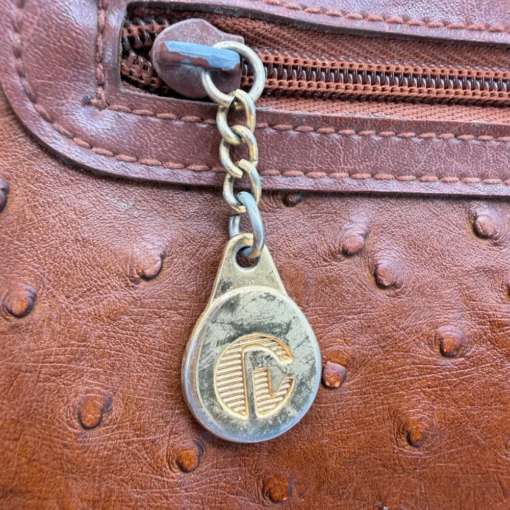 Vintage Carlo Calucci Ostrich Embossed Satchel Bag Brown Turn Lock Flap Brass